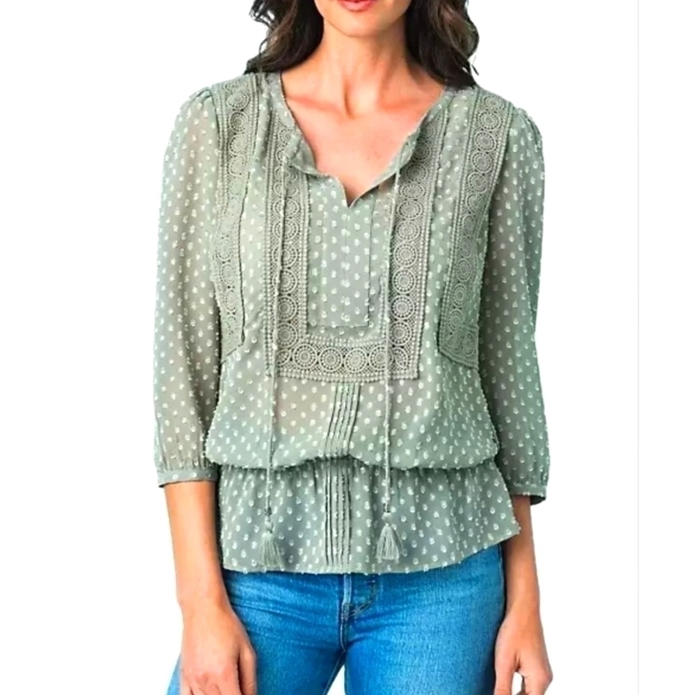 DR2 by Daniel Rainn Tassel Clip Dot Blouse Boho Sheer Sage Green Sz Sm